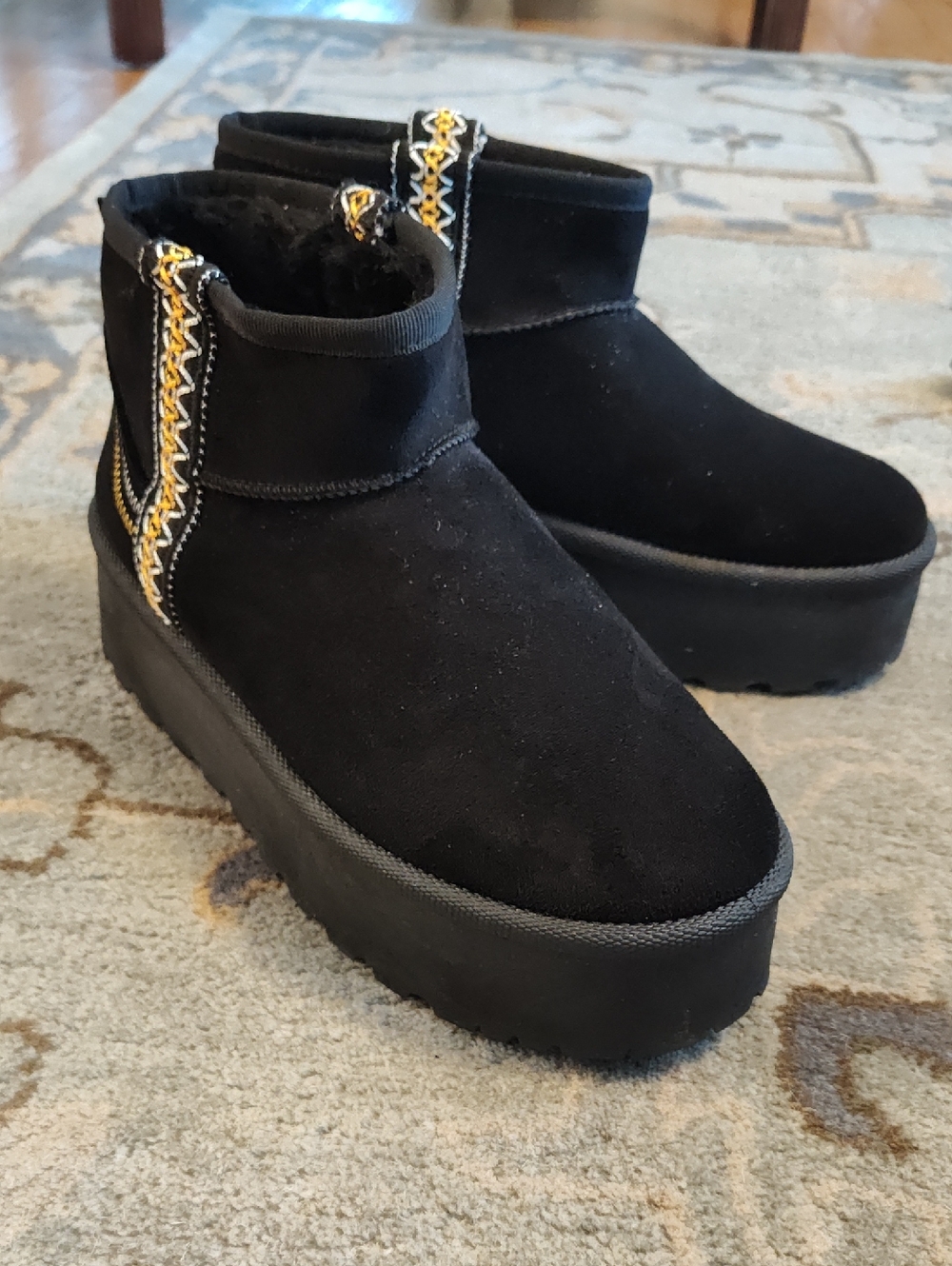 Black Platform Ankle Boots with Contrasting Stitch Detail